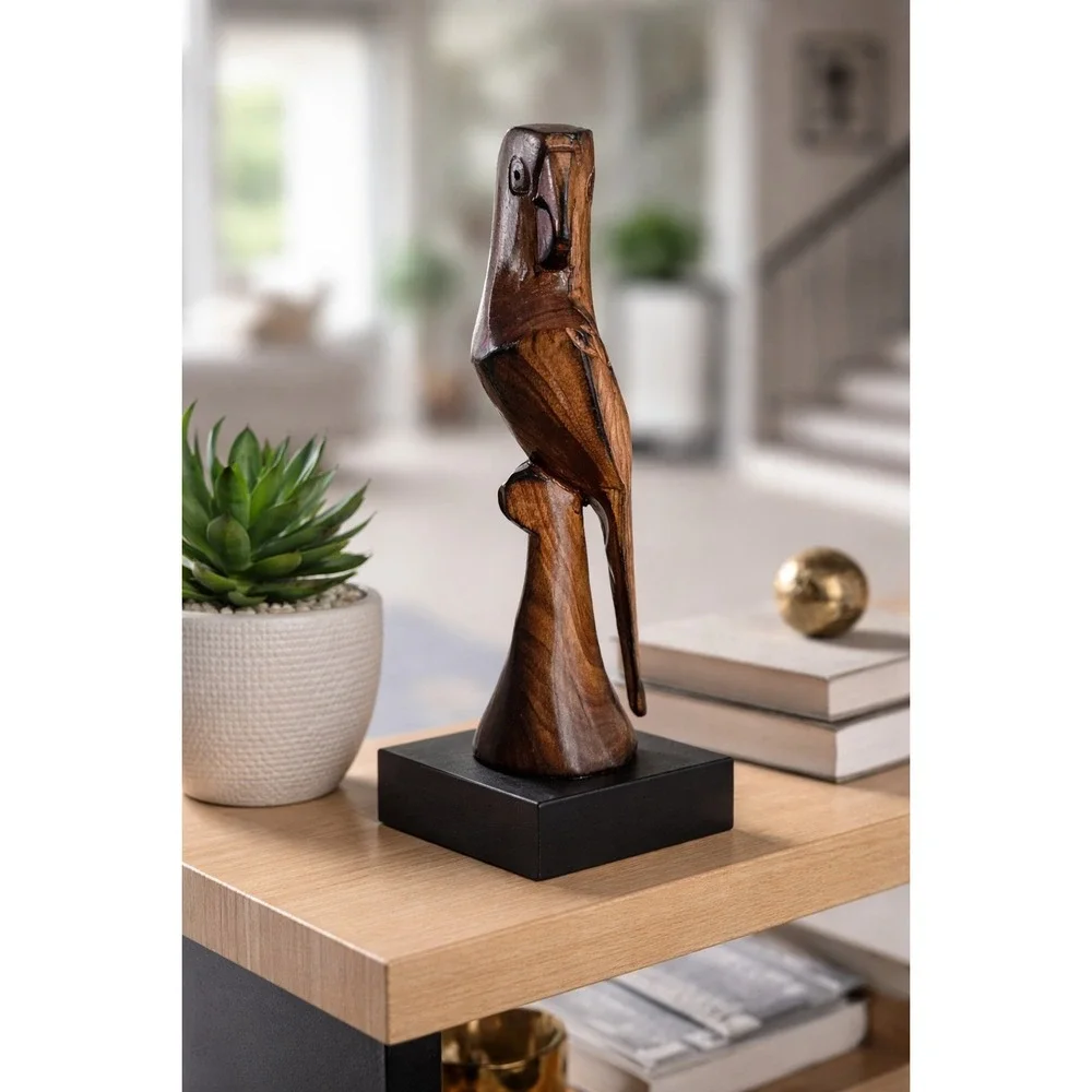 Hand‎ Carved Wooden Brown Parrot Figurine 7
